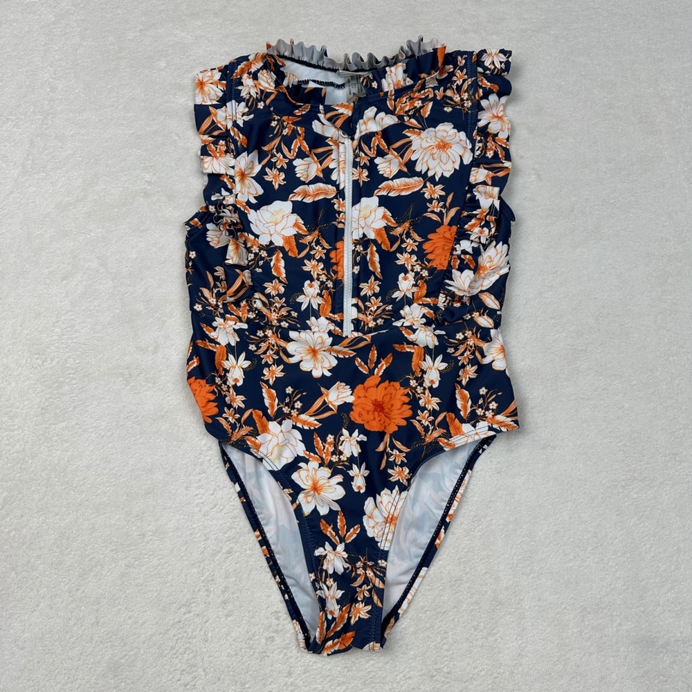 SHEIN Kids Floral One Piece Swimsuit Navy Orange Ruffle Mock Neck Zipper Size 8Y